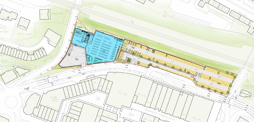 4 Proposals: Uses and Layout Dotted line denotes staff facilities on mezzanine level 31,000ft² (2900m²) food store including cafe, back of house and staff facilities
