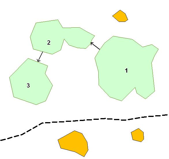 Each vegetation object was evaluated in terms of the number of adjacent objects within a 35 m radius to determine the number of connections to each object