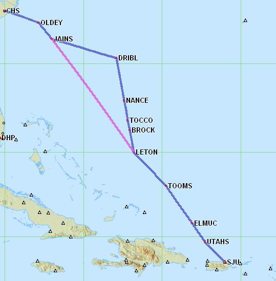 RNAV Route Charlotte Departures And Arrivals over Charleston VOR To Dominican Rep. Puerto Rico, Aruba and the Eastern Caribbean Jains to Leton via L 375..R 763 = 543.
