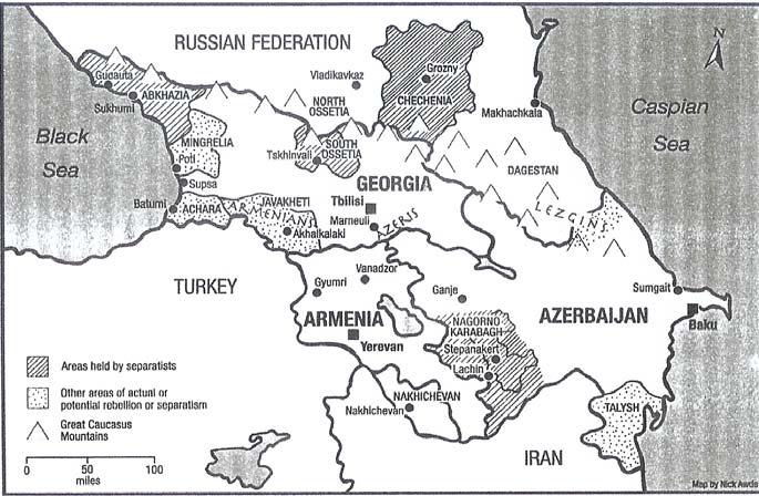 Slika 4.2: Območja konfliktov na Kavkazu Vir: Herzig, 19