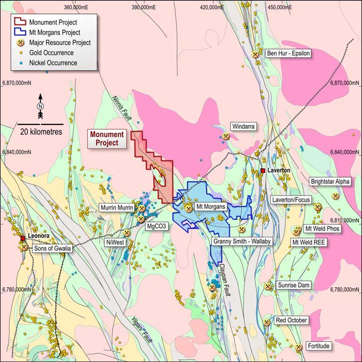 Figure 1 Location of the Monument Gold Project showing regional geology and nearby mining operations Exploration Overview During the Quarter, the Company undertook an extensive desktop planning and