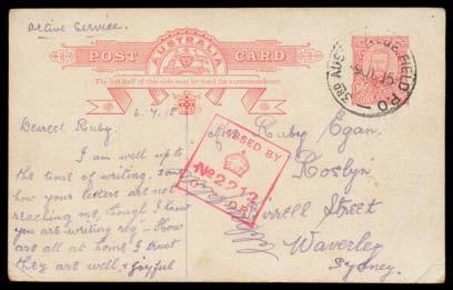 250 40 PS B Lot 40 1915 usage of Australian Fullface 1d Postal Card PC3 with '3RD AUST INF BDE FIELD PO' cds in use at Gallipoli, British censor No 2212 h/s in rosine.