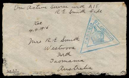 Prestige Philately - Auction No 162 Page: 3 World War I - 43 C (B) Forces in Egypt Lot 43 SICILY: Undated stampless cover endorsed "RE Smith Capt" with superb triangular 'PASSED - BY