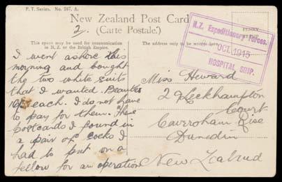 (6) 150 954 C A/B Ex Lot 954 HOSPITAL SHIPS "Maheno": PPCs with double-framed 'NZ Expeditionary Forces/No 1 HOSPITAL SHIP' d/s in violet dated 19JUL1915 from Adelaide, 5AUG1915 from Colombo,