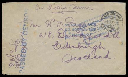 Prestige Philately - Auction No 162 Page: 6 Ex Lot 956 956 C A/(B) HOSPITAL SHIPS Two PPCs & a cover with double-framed 'NZ Expeditionary Forces/No 1 HOSPITAL SHIP' d/s ('No 1' reinstated) dated