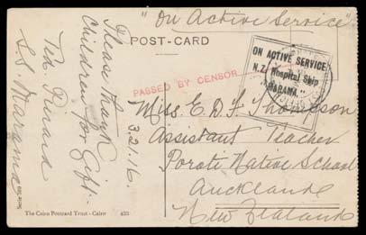 Prestige Philately - Auction No 162 Page: 7 959 C A- Lot 959 HOSPITAL SHIPS PPC with double-framed 'ON ACTIVE SERVICE/NZ Hospital Ship/MARAMA' h/s in black on Egyptian PPC,