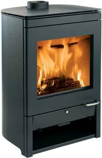 This stylish wood-burning stove is available in grey and black with chrome handle.