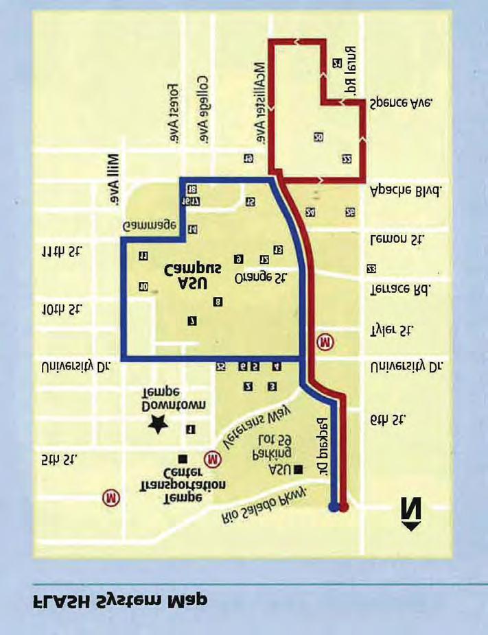 On Campus Shuttle: FLASH FORWARD (free local area shuttle service serving ASU and Tempe). From Sheraton Four Points Hotel, walk west toward campus on Apache Blvd.