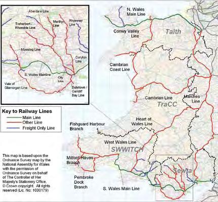 3. Transport in Wales 3.1 The Rail Network The Wales and Borders railway network is shown in Figure 3.1. It is an integral part of Great Britain s rail network, comprising around 1,400 route kilometres and over 200 stations.