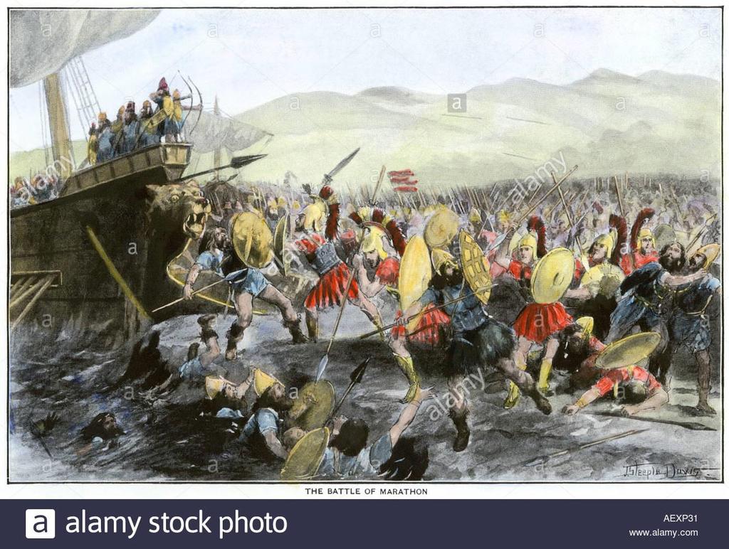 Battle of Marathon 490B.C. a Persian fleet landed 20,000 soldiers on the plain of Marathon, just a short distance from Athens. Athens only had 10,000 soldiers---1/2!