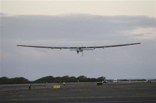 In this Thursday, April 21, 2016 file photo, the Solar Impulse 2 solar plane lifts