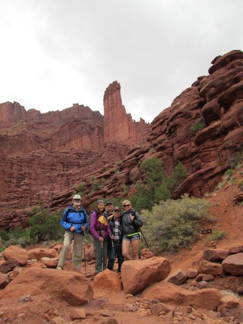 In a light drizzle, hikers Ben Ehlert, Babs Schermler, Rick and Carolyn