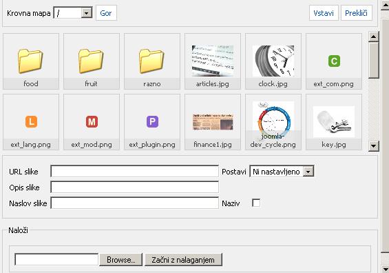 4: Vmesnik Image Manager za izbiro in vnos slike Slikovne elemente lahko vnašamo v vsebino tudi s klikom na ikono»slika«v vmesniku z urejevalnikom