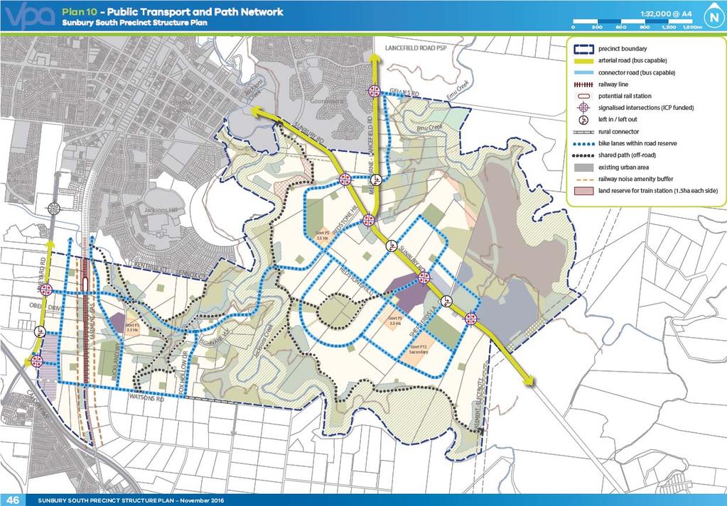 4.4 Public Transport and Path Network The exhibited Public Transport and Path Network plan for the Sunbury South Precinct is shown in Figure 4-3.