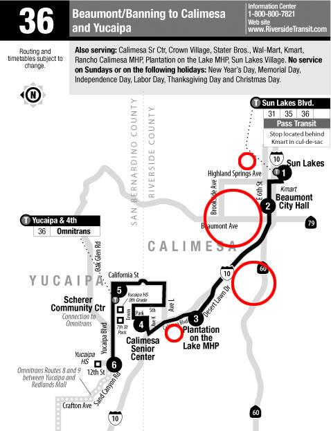 Exhibit 8: Suggested Routing for Route 36, potentially operated by Pass Transit with a transfer agreement: OAK VALLEY TOWN SUPER REGIONAL (PROPOSED) Yucaipa Bl 7