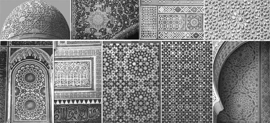 Slika 1.2: Nekoliko složenih arapskih ornamenata sastavljenih od jednostavnih geometrijskih oblika. spajanjem četiri kvadrata.