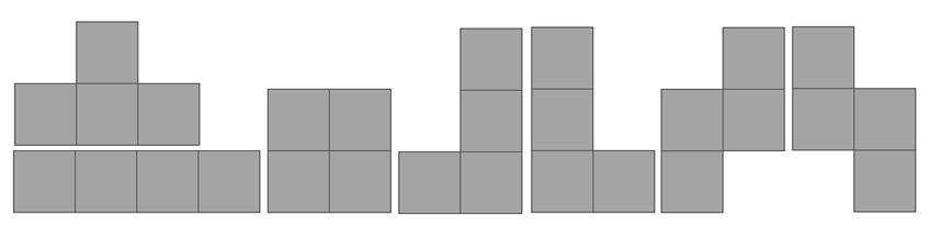 3: Sedam kombinacija četiri kvadrata koje čine figure u kompjuterskoj igri tetris i dva primera teselacija ravni pomoću tih figura.