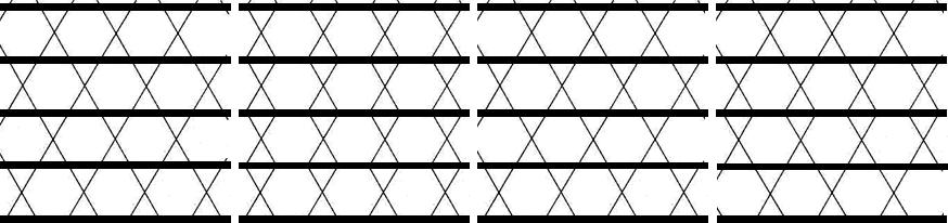 Slika 3.33: Na prvoj slici je prikazana uniformna teselacija 3.6.3.6 sa podebljanim granicama traka koje se nezavisno mogu pomerati i tako činiti teselacije prikazane na ostalim slikama. Slika 3.