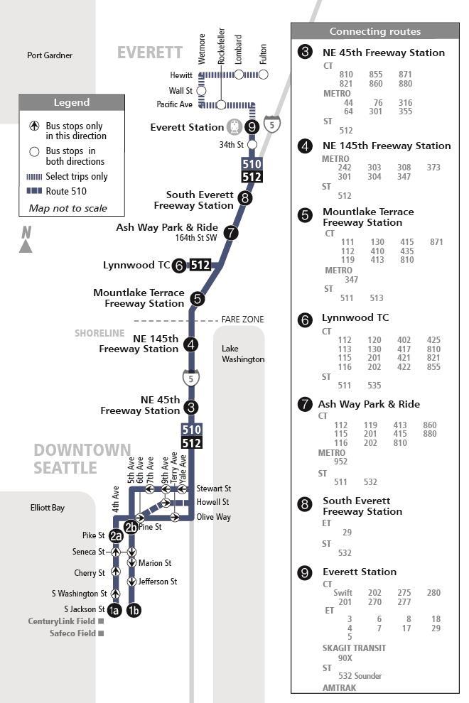 Chapter Two: Service Analysis Route 512: Everett Seattle 51The route operates seven days a week between Everett and Seattle except when routes 510 and 511 are operating.