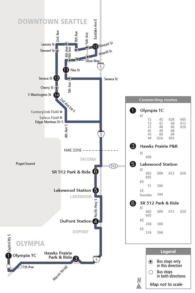 Chapter Two: Service Analysis Route 592: Olympia/Dupont Seattle Route 592 connects Olympia, Lacey, DuPont, and Lakewood with Downtown Seattle via the Seneca St off-ramp during weekday peak periods.