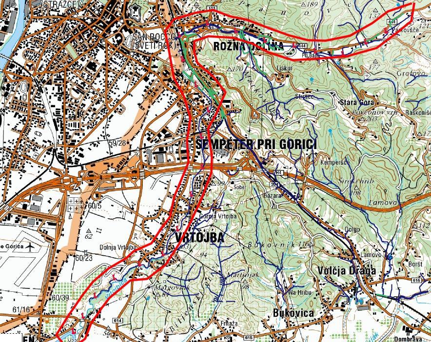 3.2.2 Vrtojbica Vrtojbica teče po spodnji Vipavski dolini, je počasnega toka z nizkim strmcem, ki pri Rafutu zadene v Soški vršaj in se obrne proti J (Melik A., 1960).