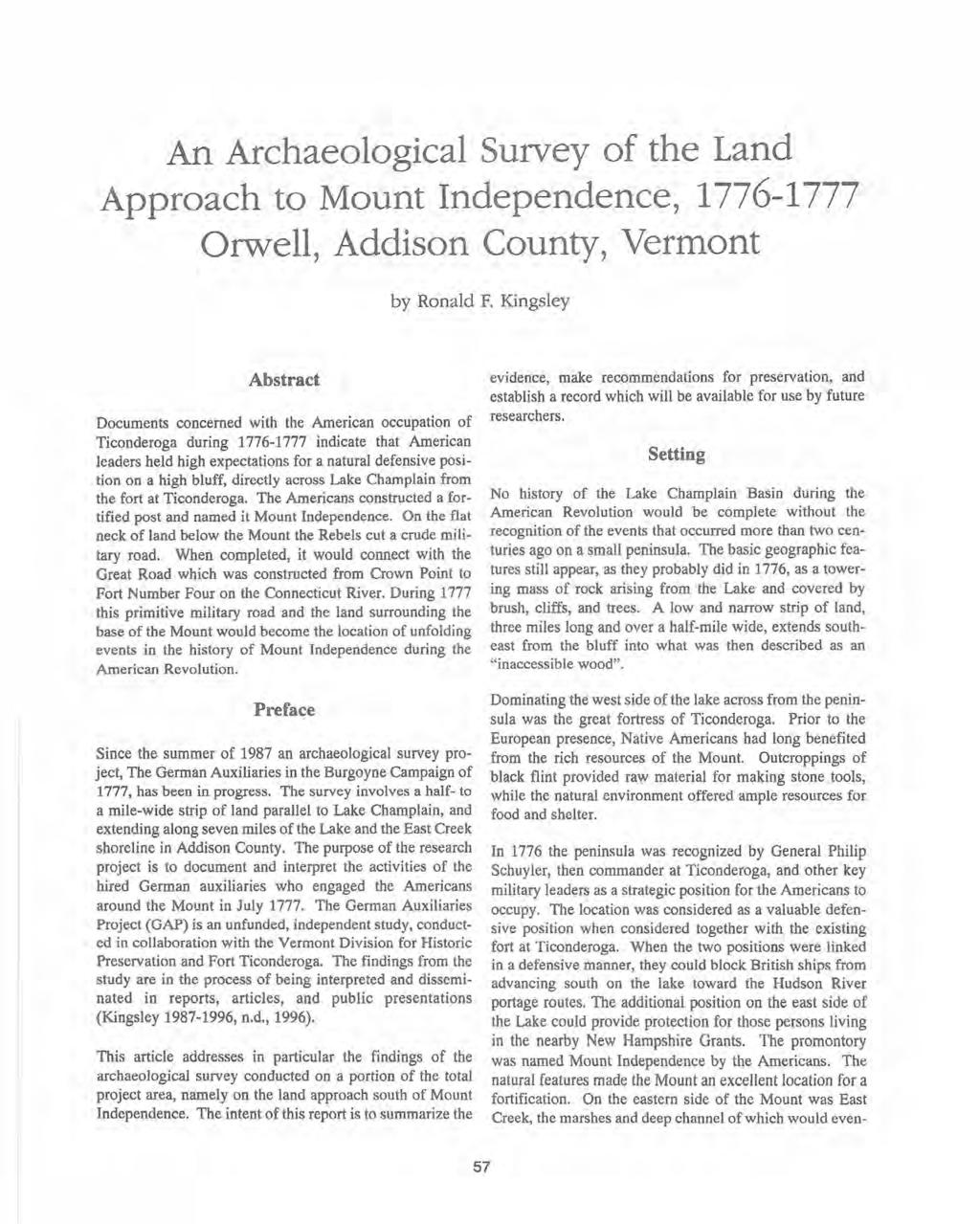An Archaeological Survey of the Land Approach to Mount Independence, 1776-1777 Orwell, Addison County, Vermont by Ronald F.