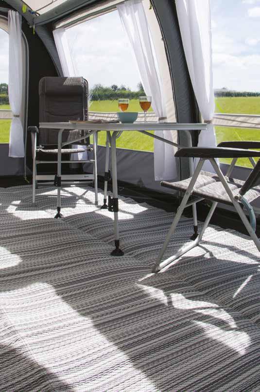 Continental Cushioned Carpet Heavy duty but lightweight Attractive striped weave in contemporary colours to complement your awning Warm, cushioned non-slip finish Very easy to