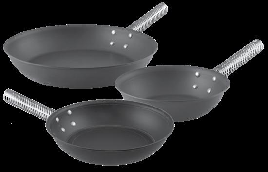 Pans have a wide bottom area for maximum heat conduction Straight sides help contain food and expose all sides to heat Metal spatula