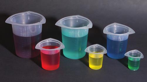 Beakers These sturdy polypropylene beakers feature three pouring lips for drip-less dispensing. Beakers are graduated in both ounces and milliliters.