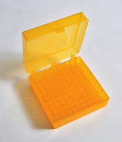 Boxes feature a hinged lid connected to the base and a locking system to ensure secure closure. A molded alpha-numeric grid allows for easy identification of samples.