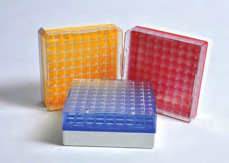 Dimensions of cryo boxes are designed to be compatible with vertical, horizontal, and drawer style freezer racks. 66301 includes two red boxes, one blue box, and one yellow box.