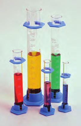 Borosilicate glass cylinders with pour spouts feature heavy uniform wall tubing and plastic hexagonal bases. All cylinders come with bumper guards. Graduation Interval Tolerance (± ml) CY137-10 10 0.