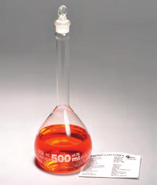 Flasks feature a sharp graduation line and large white block letters. A ground glass stopper is included. Meets Class A specifications per ASTM E288. Individually serialized and certified.