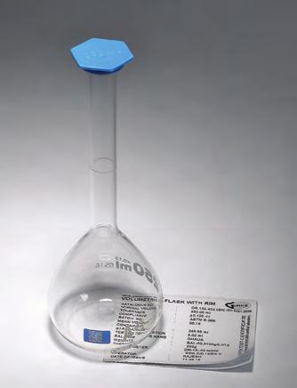 Flasks Volumetric Flasks, Class A, with Snap Cap, Batch Certified, QR Durable, machine-blown body. Heavy beaded tubing neck. Flasks feature a sharp graduation line and large white block letters.