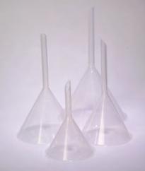 Funnels These clear funnels have long stems, smooth walls and external ribs to prevent air lock. Molded in polypropylene.