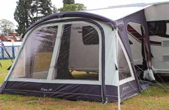 The light-coloured roof material reflects heat to maintain a comfortable temperature inside the awning and tinted windows successfully reduce glare.