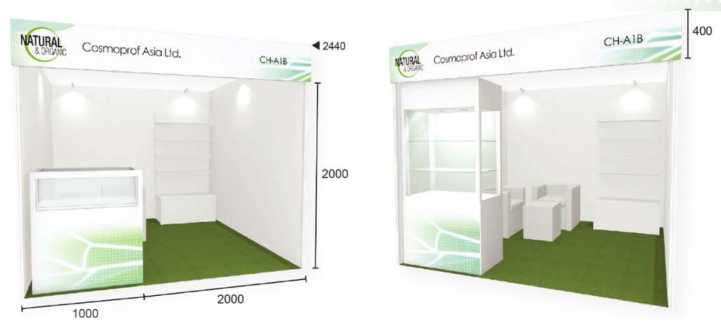 STAND OPTIONS Showcase Options READY STAND: US$ 625/sqm (minimum 9 sqm)* A 3x3 sqm ready stand, with one side open, includes: 1. Back Walls Panels (White) at 2440mmH, Fascia at 2440mmH 2.