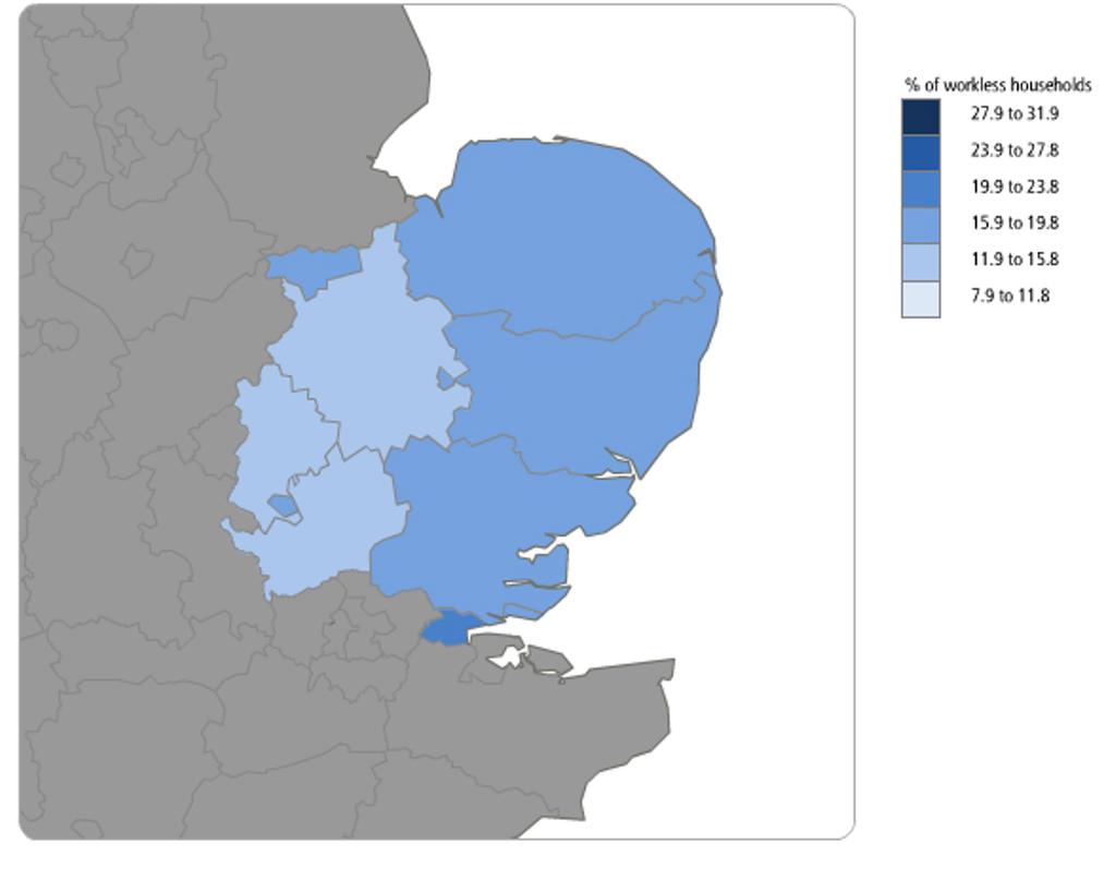East of Engl Percentage of workless households in the East of Engl, January to December 2010 Workless households by NUTS3 area in East of Engl, January to December 2010 Area Per cent Thouss Highest 1