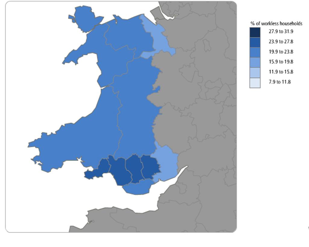 Wales Percentage of workless households in Wales, January to December 2010 Workless households by NUTS3 area in Wales, January to