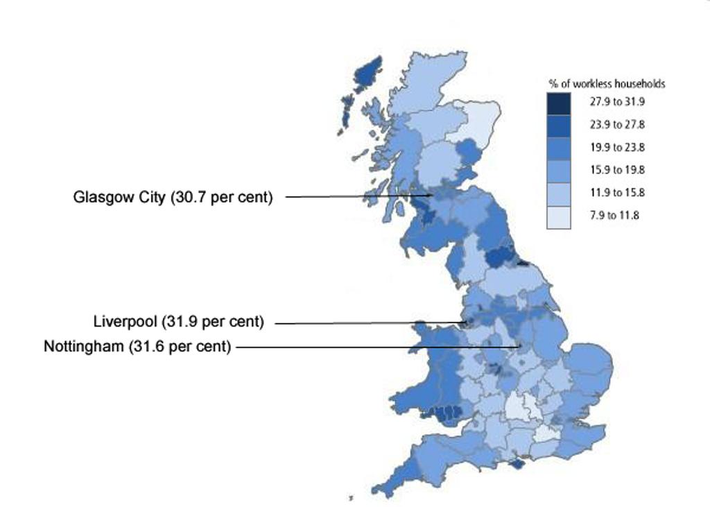 Percentage of workless households by NUTS3 area, January to December 2010 This was the second consecutive year that these three areas had the highest percentage of workless households, although for