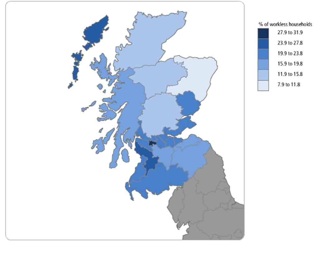 Scotl Percentage of workless households in Scotl, January to December 2010 Workless households by NUTS3 area (new) in Scotl, January to December 2010