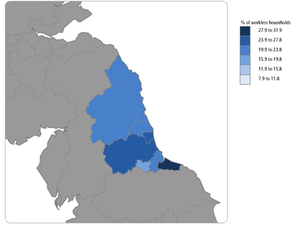 North East Percentage of workless households in North East, January to December 2010 Workless households by NUTS3 area in North East, January to December 2010 Highest 1 South Teesside Area Per