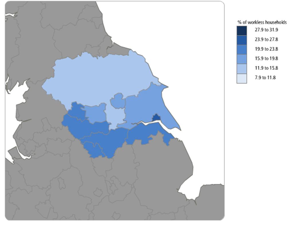 Yorkshire the Humber Percentage of workless households in Yorkshire the Humber, January to December 2010 Workless households by NUTS3 area in Yorkshire the Humber, January to December 2010