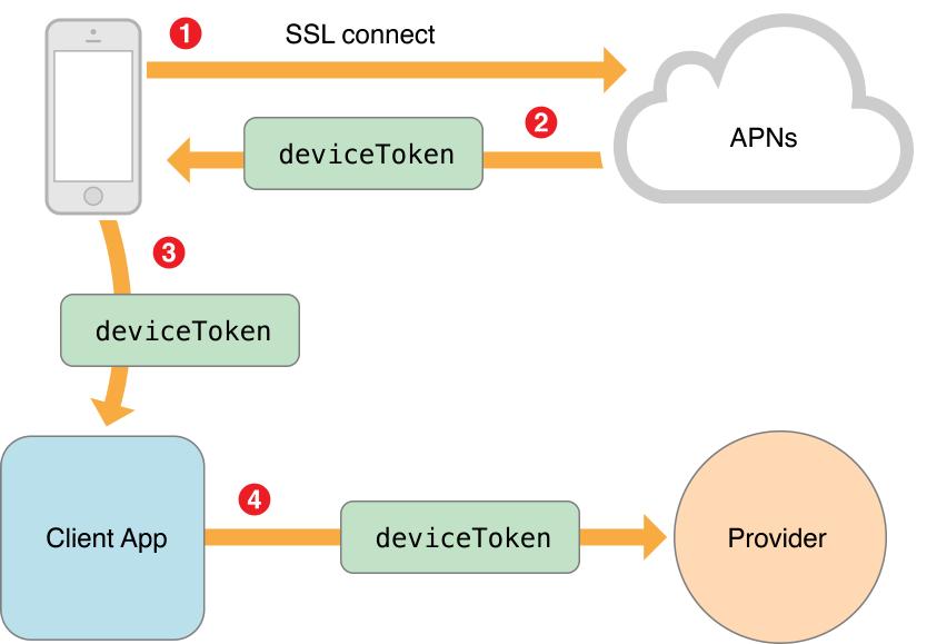Figure 25. Registering a device on APNs. [14] As shown in Figure 25, the device at first connects to APNs to get a devicetoken.