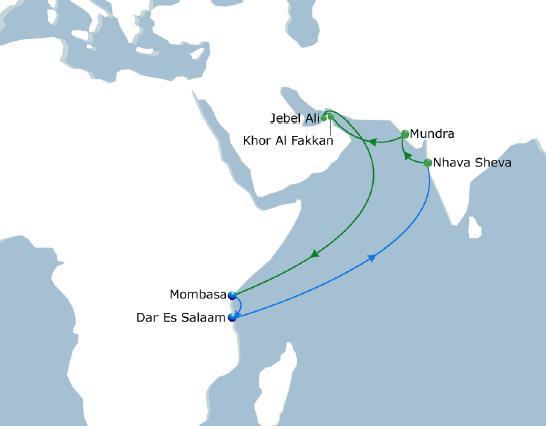 SWAHILI Express NW India - East Africa CMA-CGM dedicated relay service from Nhava Sheva and Mundra ports via Khor Al Fakkan in order to avoid congestion.