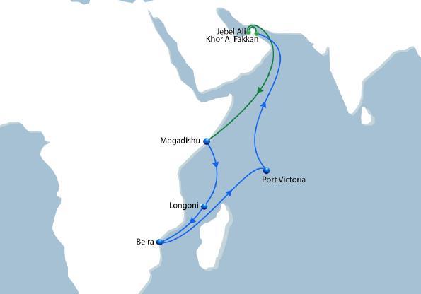 NOURA Express Middle East - East Africa Weekly service with a fleet of 5 vessels of 2200 TEU operated by CMA CGM Direct link to Beira from UAE ports in 12 days, excellent transit from India West