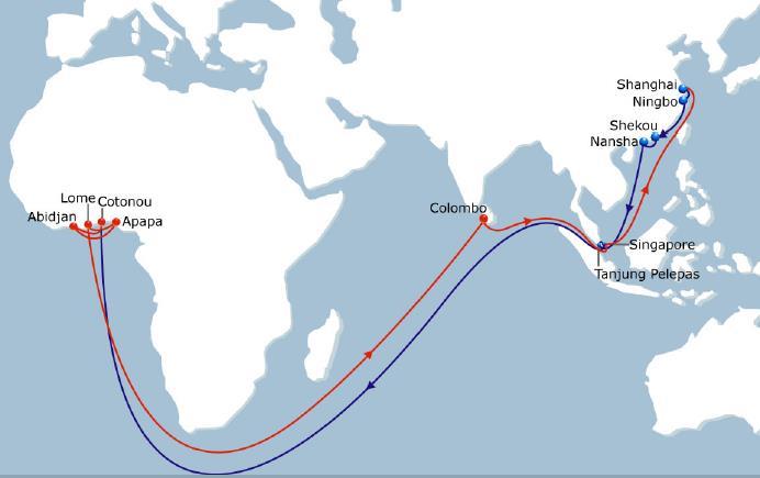 WAX - West Africa Express Asia - West Africa Weekly Direct Service : From and To Asia to Nigeria, Côte d'ivoire and Benin Service WAX deploying 13 vessels of 3500-3700teus, operated by CMA-CGM