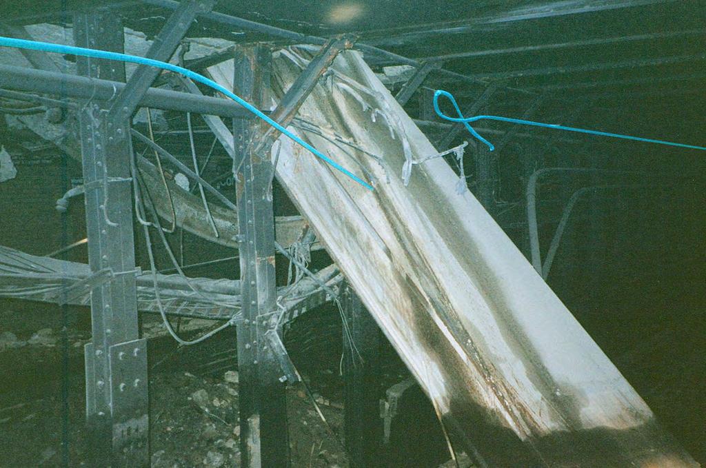 Highlighted in blue, the antenna cable responsible for carrying police and train radio communications for the World Trade Center area was severed by a box beam