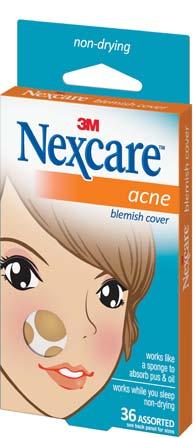 Skin Care Nexcare Acne Blemish Covers Works like a sponge to absorb pus and oil Visibly indicates that it is working Acts as a protective cover, reducing the urge to squeeze Drug free, non-drying