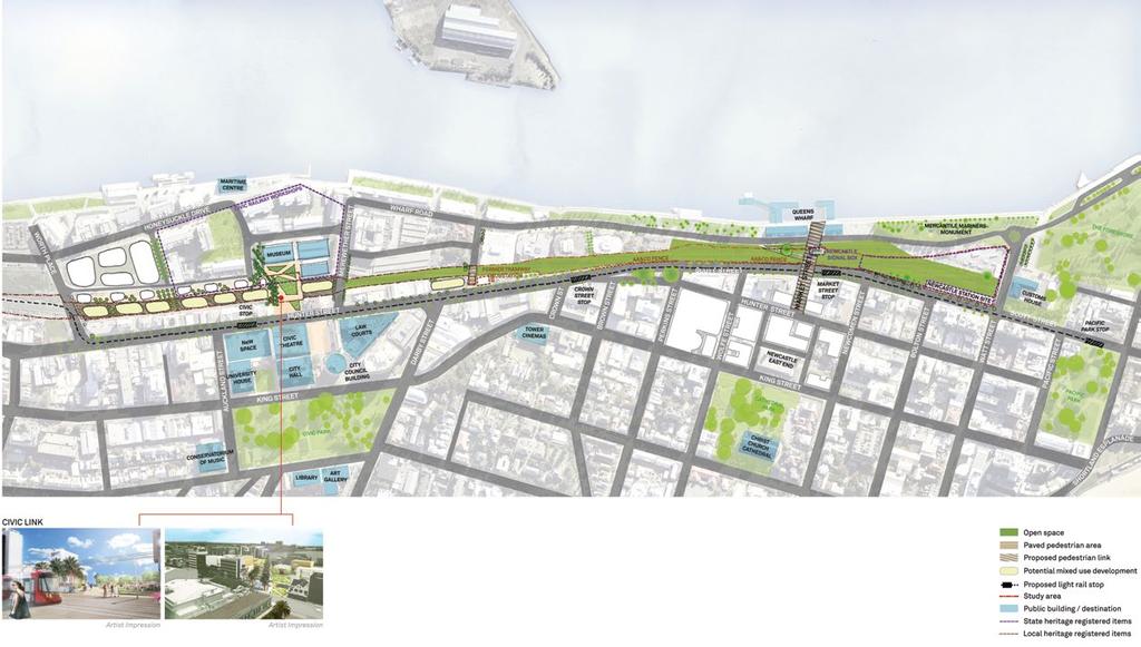 Figure 4: Opportunity 2 Harbour West City 2 HARBOUR WEST CITY Green space could be established along the rail corridor from Merewether Street to Watt Street with a new Civic Link from the city to the